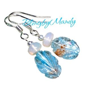 🦋genuine carved Aquamarine and Ethiopian opal sterling earrings